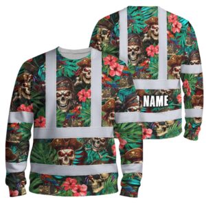 Hi Vis Long Sleeve Shirt Reflective Tapes Flower Skull Boat Custom Name Safety Workwear For Truckers, Operators