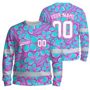 Hi Vis Long Sleeve Shirt Reflective Tapes Blue Pink Flower 3 Custom Name And Number Safety Workwear For Truckers, Operators, Team