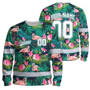 Hi Vis Long Sleeve Shirt Reflective Tapes Flamingo Flower Custom Name And Number Safety Workwear For Truckers, Operators, Team