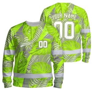 Hi Vis Long Sleeve Shirt Reflective Tapes Green Gray Leaf Custom Name And Number Safety Workwear For Truckers, Operators, Team