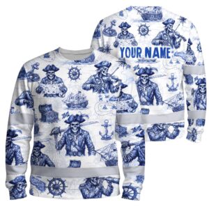 Hi Vis Long Sleeve Shirt Reflective Tapes White Blue Skull Boat Custom Name Safety Workwear For Truckers, Operators