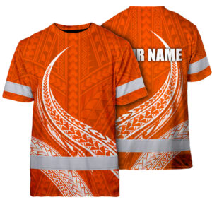 Hi Vis Shirt Reflective Tapes Orange White Polynesian Custom Name Safety Workwear For Workers, Truckers, Operators