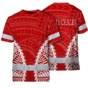 Hi Vis Shirt Reflective Tapes Red White Polynesian Custom Name Safety Workwear For Workers, Truckers, Operators
