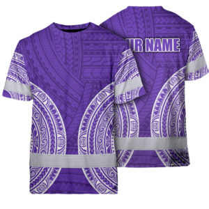 Hi Vis Shirt Reflective Tapes Violet White Polynesian Custom Name Safety Workwear For Workers, Truckers, Operators