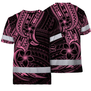 Hi Vis Shirt Reflective Tapes Pink Neon Polynesian And Flower Custom Name Safety Workwear For Workers, Truckers, Operators