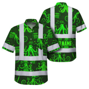 Hi Vis Hawaiian Shirt Reflective Tapes Green Neon Octopus Custom Name Safety Workwear For Workers, Truckers, Operators