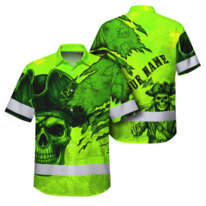 Hi Vis Hawaiian Shirt Reflective Tapes Lime Neon Skull Boat Custom Name Safety Workwear For Workers, Truckers, Operators