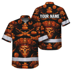 Hi Vis Hawaiian Shirt Reflective Tapes Orange Neon Skull Boat Custom Name Safety Workwear For Workers, Truckers, Operators