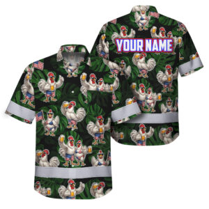 Hi Vis Hawaiian Shirt Reflective Tapes Funny Couple Chicken Beer Custom Name Safety Workwear For Workers, Truckers, Operators