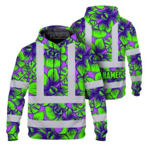 Hi Vis Hoodie Reflective Tapes Green Neon Violet Orchid Custom Name Safety Workwear For Workers, Truckers, Operators