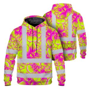 Hi Vis Hoodie Reflective Tapes Pink Neon Yellow Orchid Custom Name Safety Workwear For Workers, Truckers, Operators