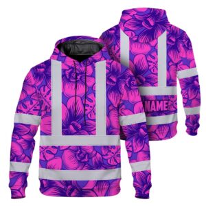 Hi Vis Hoodie Reflective Tapes Pink Neon Violet Orchid Custom Name Safety Workwear For Workers, Truckers, Operators