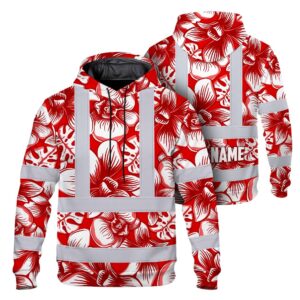 Hi Vis Hoodie Reflective Tapes Red Neon White Orchid Custom Name Safety Workwear For Workers, Truckers, Operators