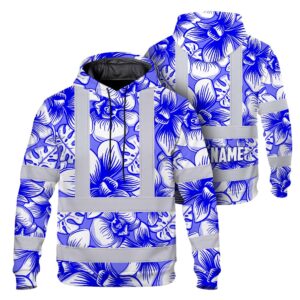 Hi Vis Hoodie Reflective Tapes Blue Neon White Orchid Custom Name Safety Workwear For Workers, Truckers, Operators