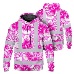 Hi Vis Hoodie Reflective Tapes Pink Neon White Orchid Custom Name Safety Workwear For Workers, Truckers, Operators