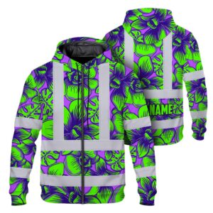 Hi Vis Zip Hoodie Reflective Tapes Green Neon Violet Orchid Custom Name Safety Workwear For  Truckers, Operators