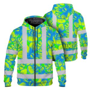 Hi Vis Zip Hoodie Reflective Tapes Green Neon Blue Orchid Custom Name Safety Workwear For Truckers, Operators