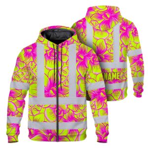 Hi Vis Zip Hoodie Reflective Tapes Pink Neon Yellow Orchid Custom Name Safety Workwear For Truckers, Operators