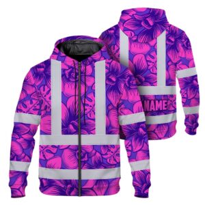 Hi Vis Zip Hoodie Reflective Tapes Pink Neon Violet Orchid Custom Name Safety Workwear For Truckers, Operators