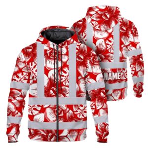 Hi Vis Zip Hoodie Reflective Tapes Red Neon White Orchid Custom Name Safety Workwear For Truckers, Operators