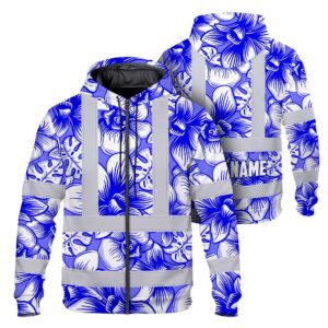 Hi Vis Zip Hoodie Reflective Tapes Blue Neon White Orchid Custom Name Safety Workwear For Truckers, Operators