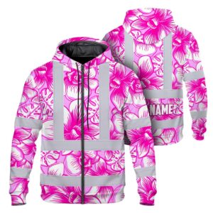 Hi Vis Zip Hoodie Reflective Tapes Pink Neon White Orchid Custom Name Safety Workwear For Truckers, Operators