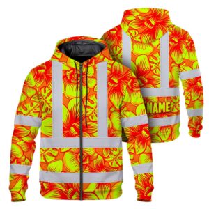 Hi Vis Zip Hoodie Reflective Tapes Orange Neon Yellow Orchid Custom Name Safety Workwear For Truckers, Operators
