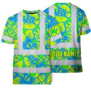 Hi Vis T Shirt Reflective Tapes Green Neon Blue Orchid Custom Name Safety Workwear For Workers, Truckers, Operators
