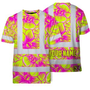 Hi Vis T Shirt Reflective Tapes Pink Neon Yellow Orchid Custom Name Safety Workwear For Workers, Truckers, Operators