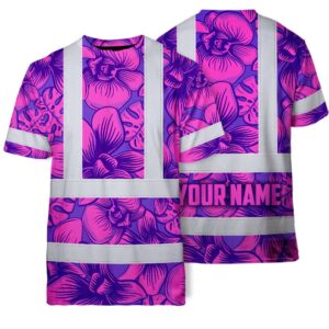 Hi Vis T Shirt Reflective Tapes Pink Neon Violet Orchid Custom Name Safety Workwear For Workers, Truckers, Operators