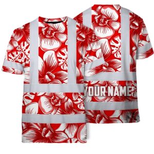 Hi Vis T Shirt Reflective Tapes Red Neon White Orchid Custom Name Safety Workwear For Workers, Truckers, Operators