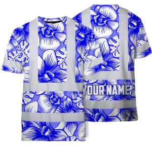 Hi Vis T Shirt Reflective Tapes Blue Neon White Orchid Custom Name Safety Workwear For Workers, Truckers, Operators