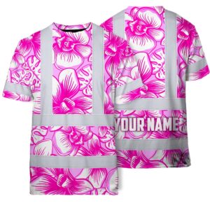 Hi Vis T Shirt Reflective Tapes Pink Neon White Orchid Custom Name Safety Workwear For Workers, Truckers, Operators