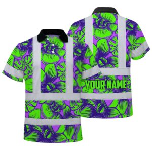 Hi Vis Polo Shirt Reflective Tapes Green Neon Violet Orchid Custom Name Safety Workwear For Workers, Truckers, Operators