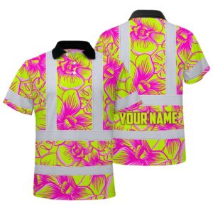 Hi Vis Polo Shirt Reflective Tapes Pink Neon Yellow Orchid Custom Name Safety Workwear For Workers, Truckers, Operators