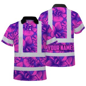 Hi Vis Polo Shirt Reflective Tapes Pink Neon Violet Orchid Custom Name Safety Workwear For Workers, Truckers, Operators