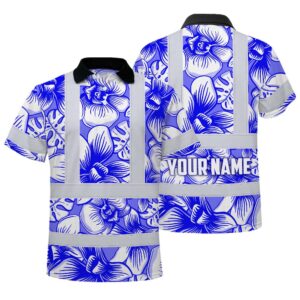 Hi Vis Polo Shirt Reflective Tapes Blue Neon White Orchid Custom Name Safety Workwear For Workers, Truckers, Operators