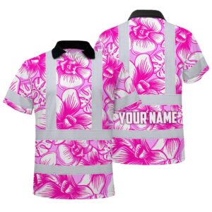 Hi Vis Polo Shirt Reflective Tapes Pink Neon White Orchid Custom Name Safety Workwear For Workers, Truckers, Operators