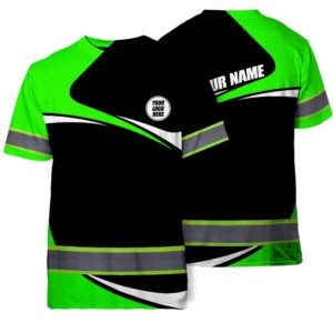 Hi Vis T Shirt Reflective Tapes Green Neon Company Uniform Custom Name And Logo Safety Workwear For Workers, Truckers, Operators