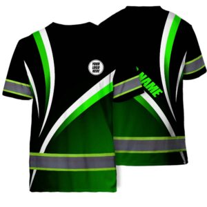 Hi Vis T Shirt Reflective Tapes Gradient Green Neon Company Uniform Custom Name And Logo Safety Workwear For Workers, Truckers, Operators