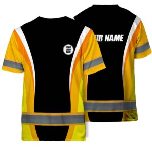 Hi Vis T Shirt Reflective Tapes Gradient Orange Neon Company Uniform Custom Name And Logo Safety Workwear For Workers, Truckers, Operators