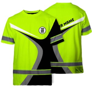 Hi Vis T Shirt Reflective Tapes Lime Neon Company Uniform Custom Name And Logo Safety Workwear For Workers, Truckers, Operators