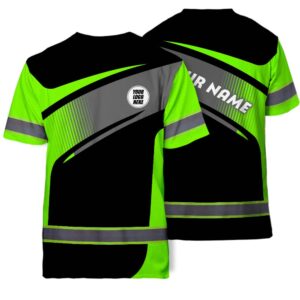 Hi Vis T Shirt Reflective Tapes Green Neon 2 Company Uniform Custom Name And Logo Safety Workwear For Workers, Truckers, Operators