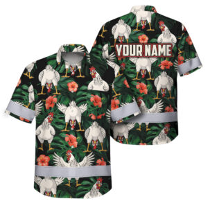 Hi Vis Hawaiian Shirt Reflective Tapes Funny Chicken 3 Custom Name Safety Workwear For Workers, Truckers, Operators