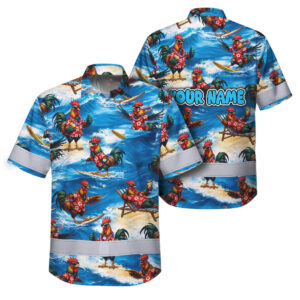 Hi Vis Hawaiian Shirt Reflective Tapes Funny Chicken 4 Custom Name Safety Workwear For Workers, Truckers, Operators