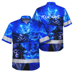 Hi Vis Hawaiian Shirt Reflective Tapes Blue Neon Skull Boat Custom Name Safety Workwear For Workers, Truckers, Operators
