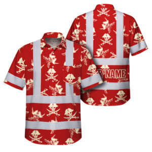 Hi Vis Hawaiian Shirt Reflective Tapes Red Skull Boat Custom Name Safety Workwear For Workers, Truckers, Operators
