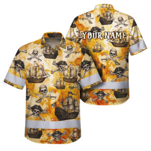 Hi Vis Hawaiian Shirt Reflective Tapes Vintage Skull Boat Custom Name Safety Workwear For Workers, Truckers, Operators