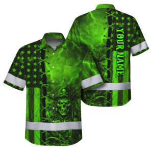 Hi Vis Hawaiian Shirt Reflective Tapes Green Neon US Flag Skull Boat Custom Name Safety Workwear For Workers, Truckers, Operators