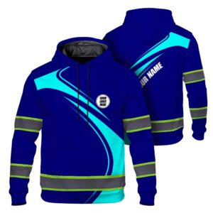 Hi Vis Hoodie Reflective Tapes Blue Neon Company Uniform Custom Name And Logo Safety Workwear For Workers, Truckers, Operators